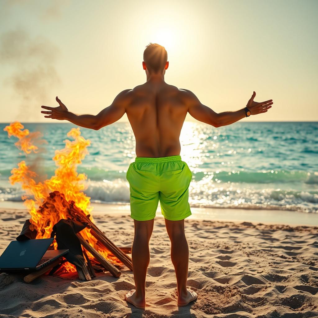 On the left side of the image, a bonfire burns intensely on a sandy beach, with flames licking upwards, consuming a suit, a tie, and a smashed laptop