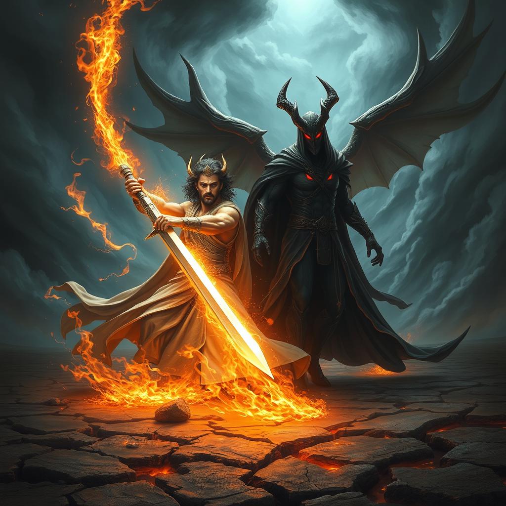 A dramatic and mythical scene depicting the battle between Azazil and Satan, set in a dark and ominous landscape