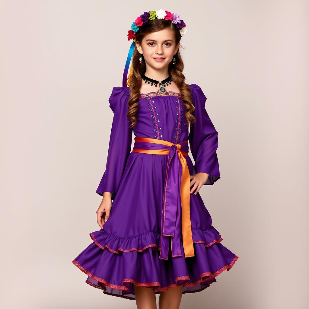 A 14-year-old girl wearing a complete traditional Esmeralda-inspired gypsy outfit from 'The Hunchback of Notre Dame', specifically designed for a school dance