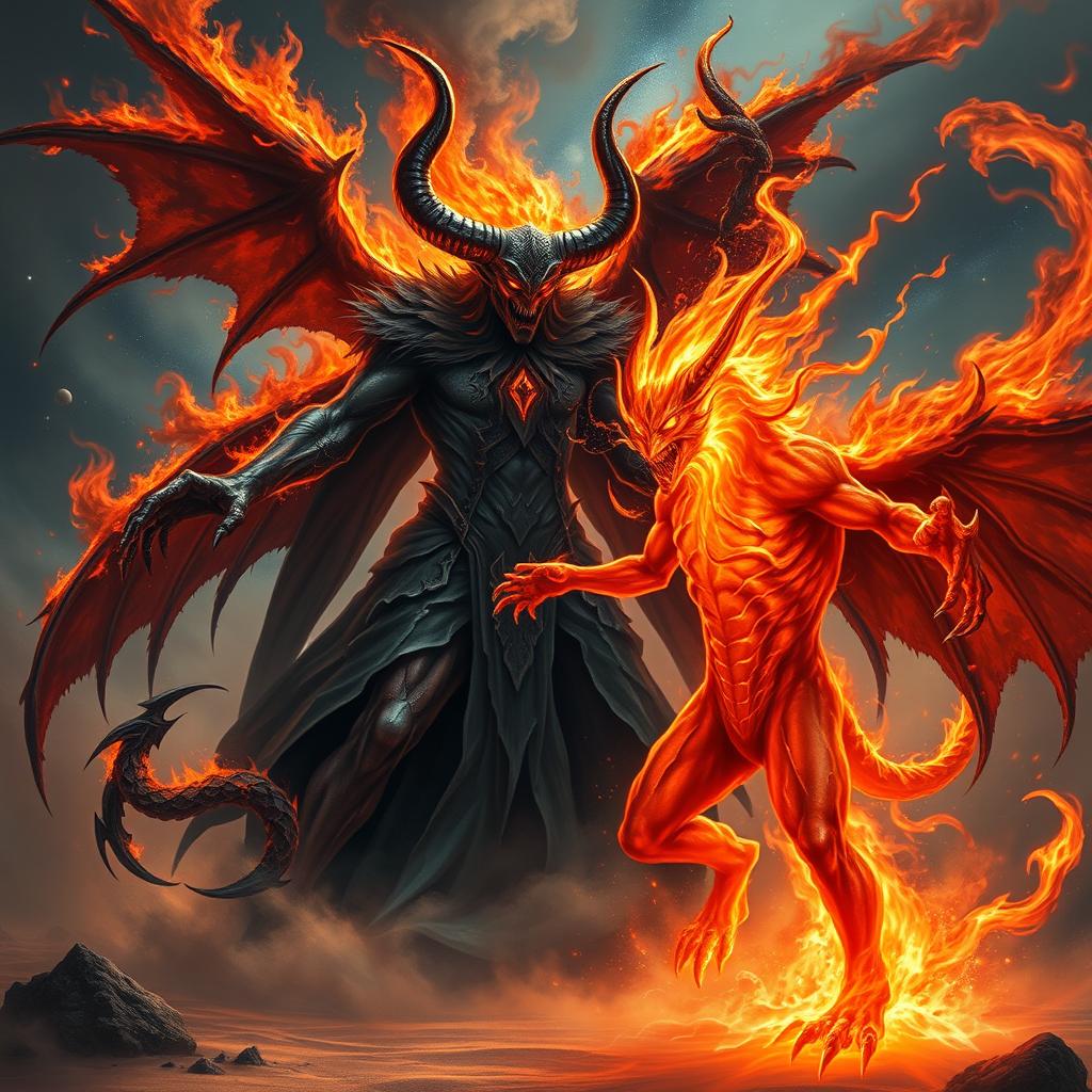 An intense fantasy scene depicting a fierce battle between Satan and an Ifrit Jinn
