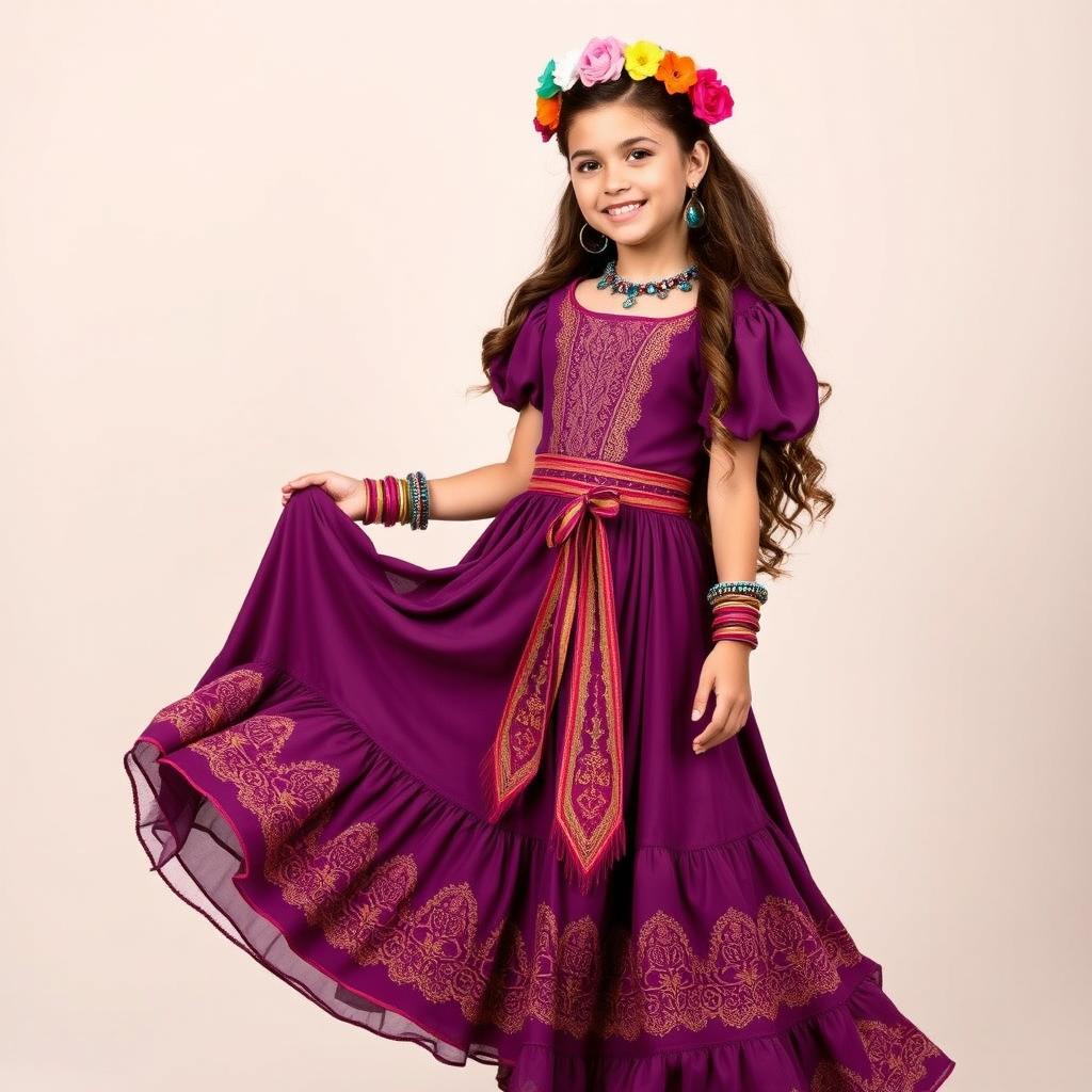 A 14-year-old girl adorned in a complete traditional Esmeralda-inspired gypsy outfit from 'The Hunchback of Notre Dame', specially designed for a school dance