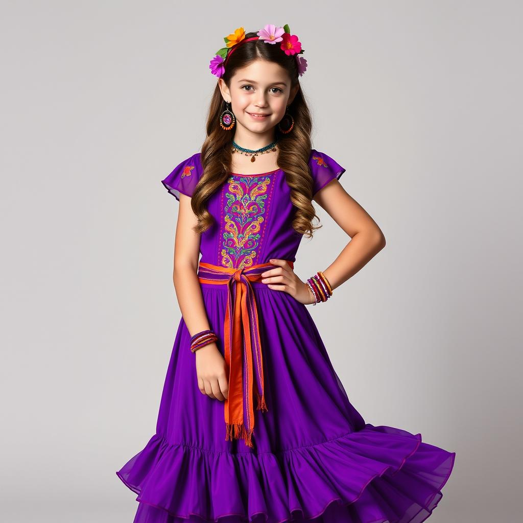 A 14-year-old girl dressed in a complete traditional Esmeralda-inspired gypsy outfit from 'The Hunchback of Notre Dame', tailored specifically for a school dance