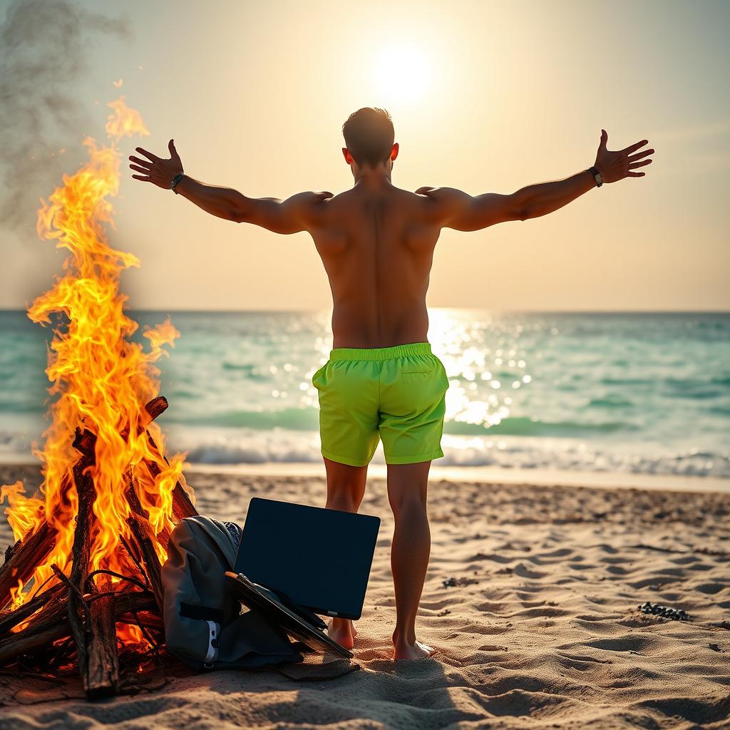 On the left side of the image, a bonfire burns intensely on a sandy beach, with flames engulfing a suit, shirt, tie, and a smashed laptop