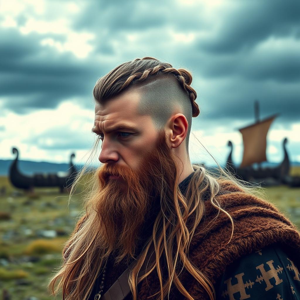 A Viking hairstyle featuring long hair on top and shaved sides, showcasing a strong and fierce look