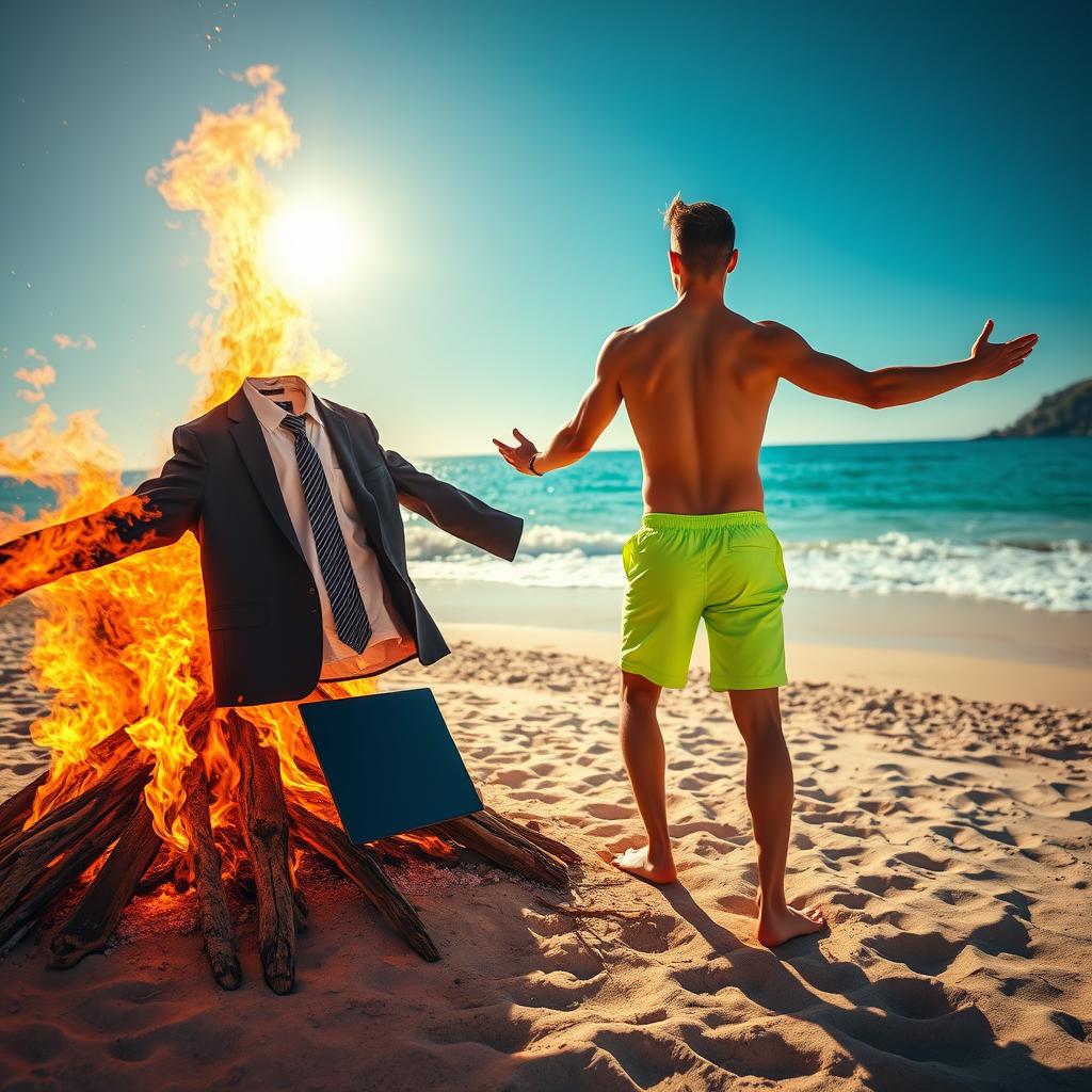 On the left side of the image, a vibrant bonfire burns intensely on a sandy beach, with flames consuming a suit with a shirt and a tie along with a smashed laptop
