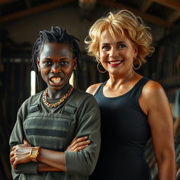 In a rundown building filled with weapons, a young 25-year-old Black African woman stands defiantly
