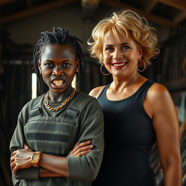 In a rundown building filled with weapons, a young 25-year-old Black African woman stands defiantly