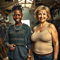 In a rundown building filled with weapons, a young 25-year-old Black African woman stands defiantly