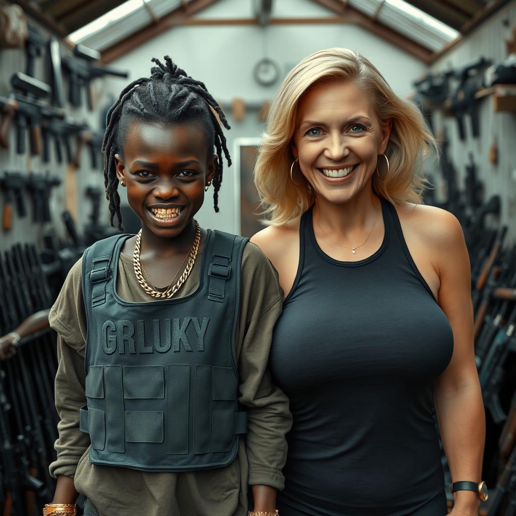 In a rundown building filled with weapons, a young 25-year-old Black African woman stands with a fierce expression