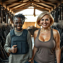 In a rundown building filled with weapons, a young 25-year-old Black African woman stands with a fierce expression