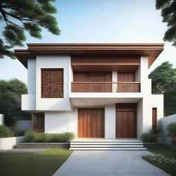 A minimalist house design inspired by traditional temple architecture, blending simple and streamlined features with detailed carvings and stepped architecture forms.