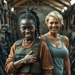 In a rundown building filled with weapons, a young 25-year-old Black African woman stands with a fierce expression
