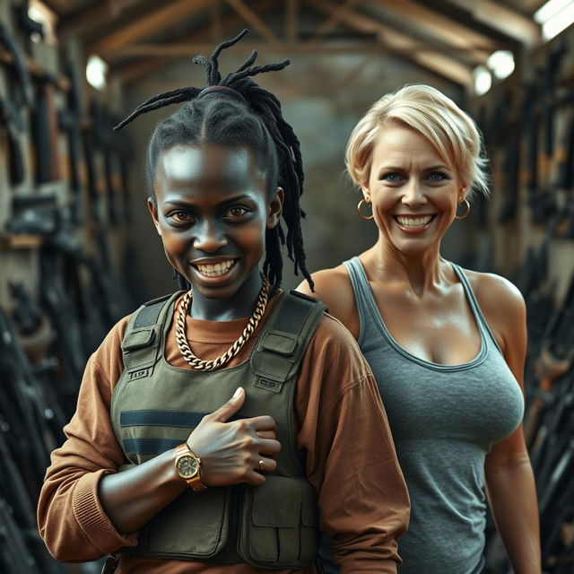 In a rundown building filled with weapons, a young 25-year-old Black African woman stands with a fierce expression