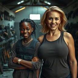 Inside a dimly lit rundown building filled with weapons, a young 25-year-old Black African woman stands with a fierce expression
