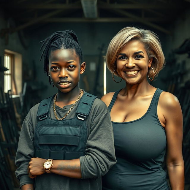 Inside a dimly lit rundown building filled with weapons, a young 25-year-old Black African woman stands with a fierce expression