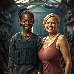 Inside a dimly lit rundown building filled with weapons, a young 25-year-old Black African woman stands with a fierce expression