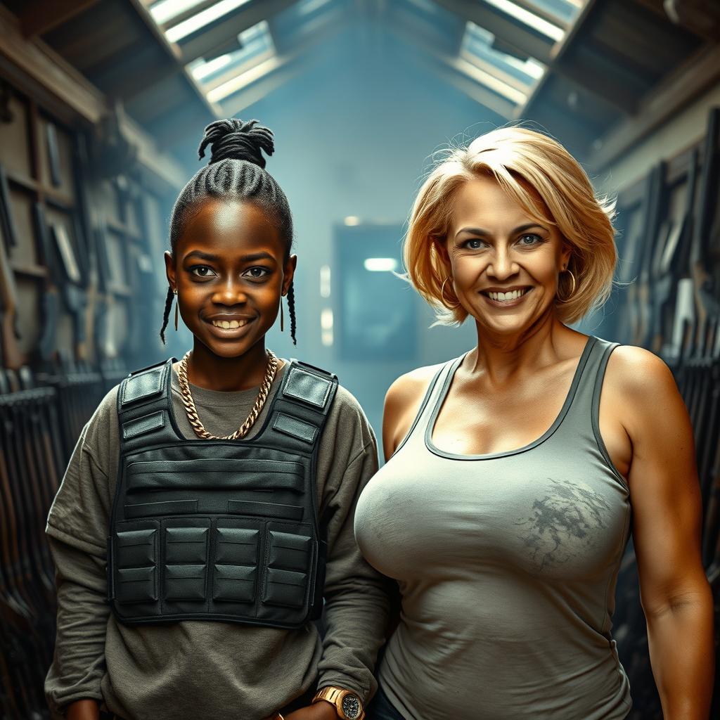 Inside a dimly lit rundown building filled with weapons, a young 25-year-old Black African woman stands with a fierce expression