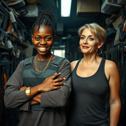 Inside a cluttered and dimly lit building filled with weapons, a young 25-year-old Black African woman stands fiercely