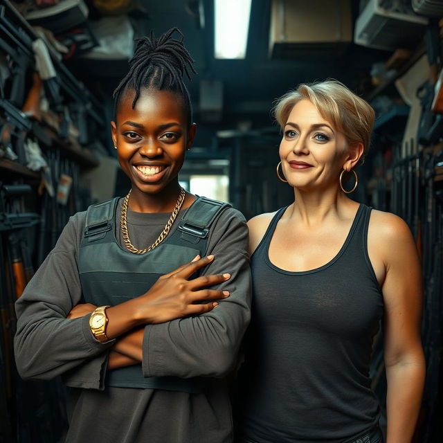 Inside a cluttered and dimly lit building filled with weapons, a young 25-year-old Black African woman stands fiercely