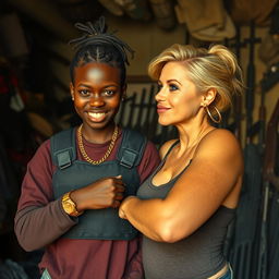 Inside a cluttered and dimly lit building filled with weapons, a young 25-year-old Black African woman stands fiercely