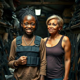 Inside a cluttered and dimly lit building filled with weapons, a young 25-year-old Black African woman stands fiercely