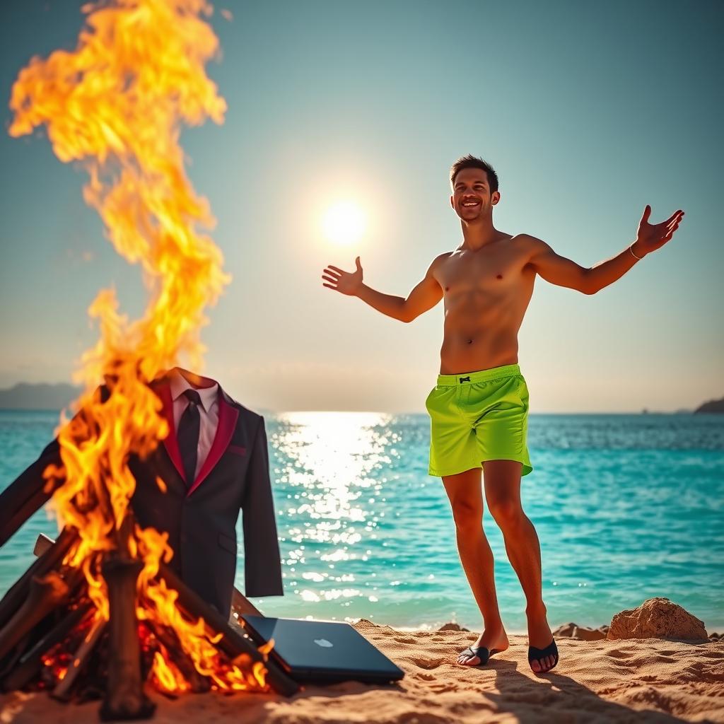 On the left side of the image, a bonfire burns intensely on a Mediterranean beach, consuming a business suit with a dress shirt and tie, along with a broken laptop