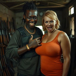 Inside a dimly lit, run-down building filled with weapons, a fierce-looking young Black African woman stands prominently