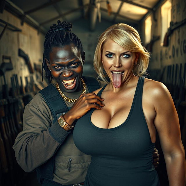 Inside a dimly lit, run-down building filled with weapons, a fierce-looking young Black African woman stands prominently