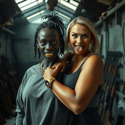 Inside a dimly lit, run-down building filled with weapons, a fierce-looking young Black African woman stands prominently