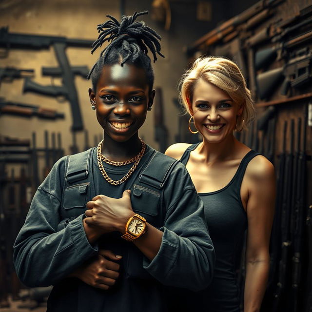 Inside a gritty, dimly lit building filled with an array of weapons, a fierce-looking young Black African woman stands assertively