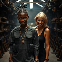 Inside a gritty, dimly lit building filled with an array of weapons, a fierce-looking young Black African woman stands assertively