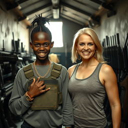 Inside a gritty, dimly lit building filled with an array of weapons, a fierce-looking young Black African woman stands assertively