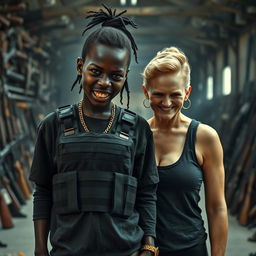 Inside a gritty, dimly lit building filled with an array of weapons, a fierce-looking young Black African woman stands assertively