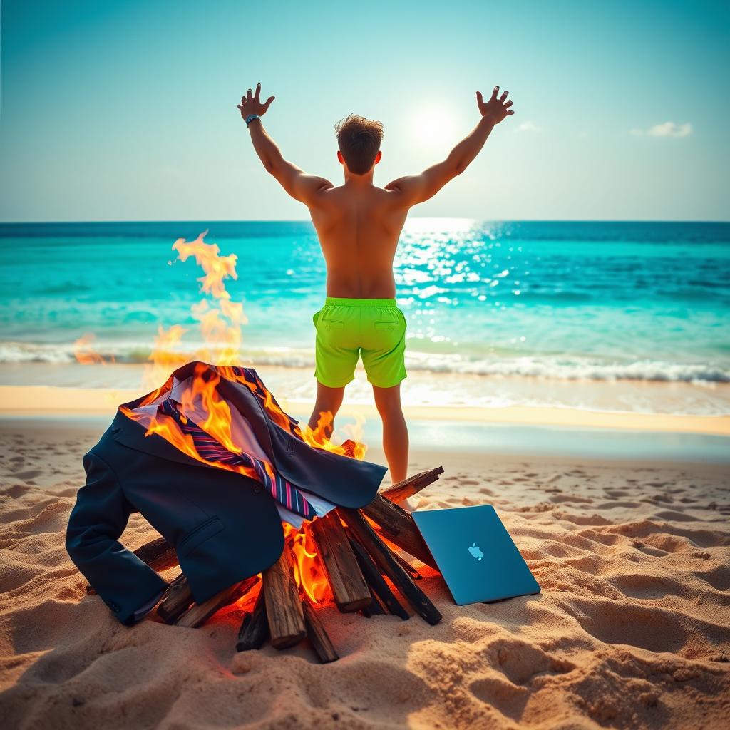 On the left side of the image, a bonfire burns intensely on a Mediterranean beach, consuming a wrinkled curled up business suit with a dress shirt and tie, along with a broken laptop, with warm flames contrasting against the golden sand