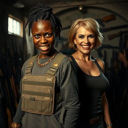 Inside a dimly lit, rundown building filled with an array of weapons, a fierce-looking young Black African woman stands defiantly