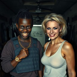 Inside a dimly lit, rundown building filled with an array of weapons, a fierce-looking young Black African woman stands defiantly