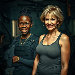 Inside a dimly lit, rundown building filled with an array of weapons, a fierce-looking young Black African woman stands defiantly