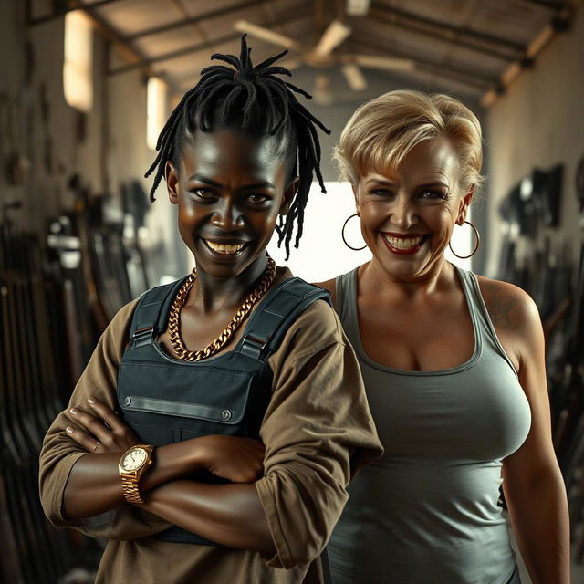 Inside a dimly lit, rundown building filled with an array of weapons, a fierce-looking young Black African woman stands defiantly