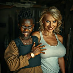 Inside a dimly lit, weapon-filled shack, a fierce-looking young Black African woman, aged 25, stands defiantly