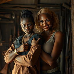 Inside a dimly lit, weapon-filled shack, a fierce-looking young Black African woman, aged 25, stands defiantly
