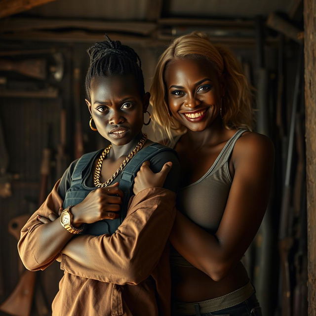 Inside a dimly lit, weapon-filled shack, a fierce-looking young Black African woman, aged 25, stands defiantly