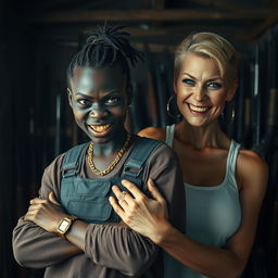 Inside a dimly lit, weapon-filled shack, a fierce-looking young Black African woman, aged 25, stands defiantly