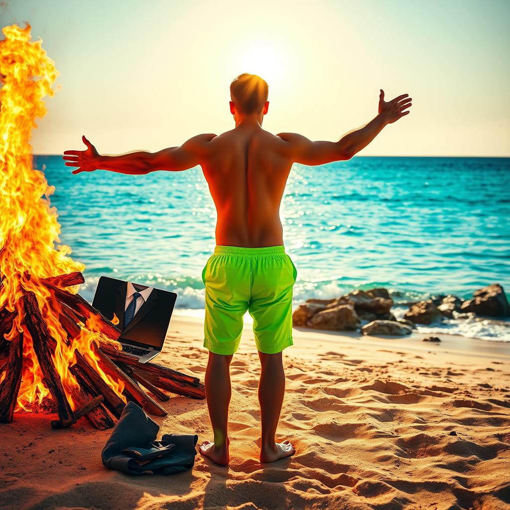 On the left side of the image, a big bonfire burns intensely on a Mediterranean beach, flames consuming a smashed laptop and a wrinkled curled up business suit with a white shirt and blue tie