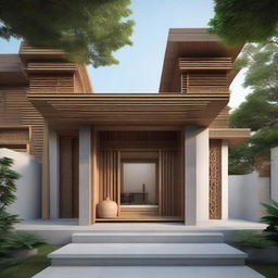 A minimalist house design inspired by traditional temple architecture, blending simple and streamlined features with detailed carvings and stepped architecture forms.