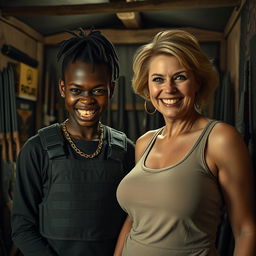 Inside a dimly lit, weapon-filled shack, a fierce-looking young Black African woman stands defiantly