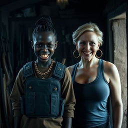 Inside a dimly lit, weapon-filled shack, a fierce-looking young Black African woman stands defiantly