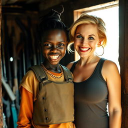 Inside a dimly lit, weapon-filled shack, a fierce-looking young Black African woman stands defiantly