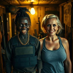 Inside a dimly lit, weapon-filled shack, a fierce-looking young Black African woman stands defiantly