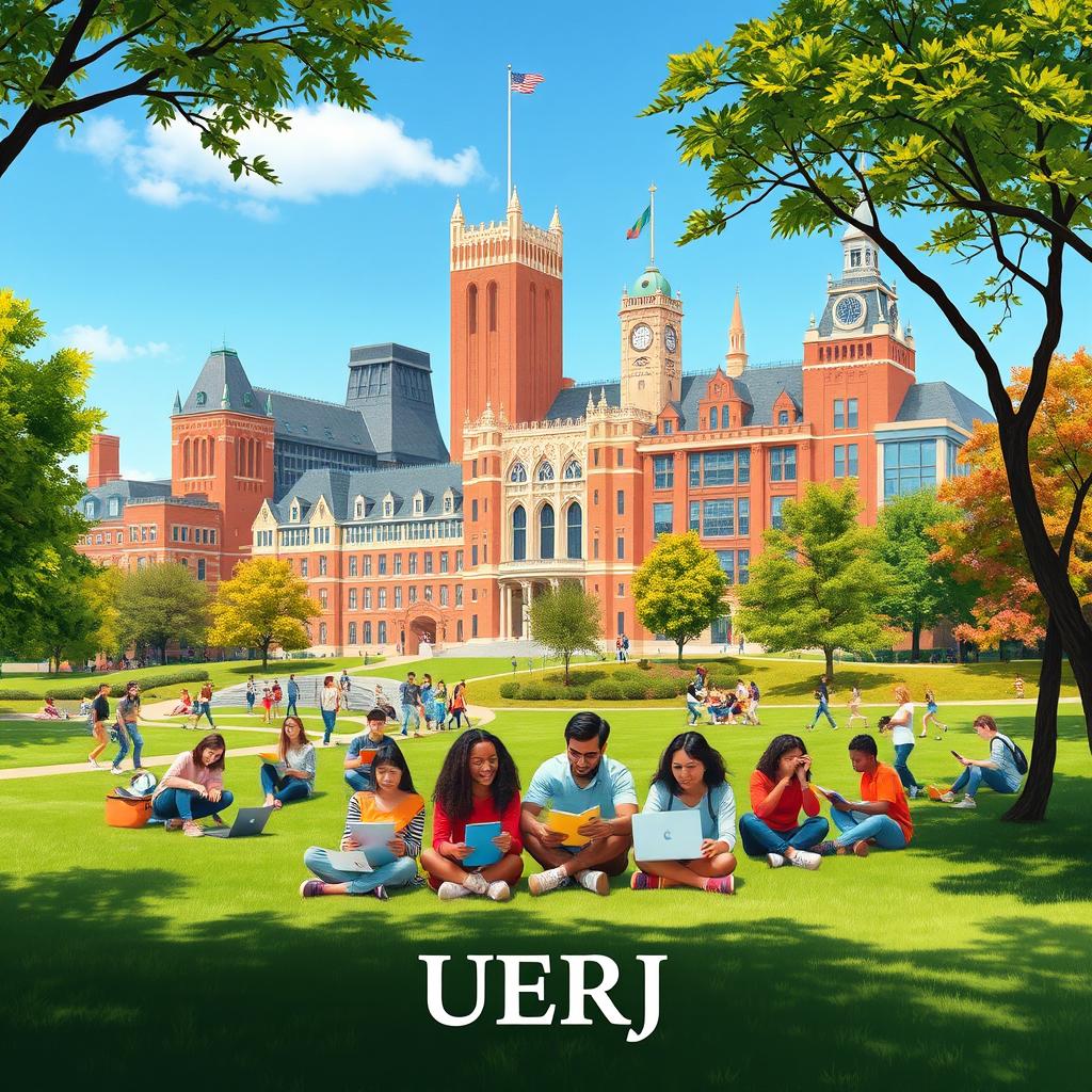 An artistic interpretation of a university campus featuring a blend of modern and historic architecture, lush green spaces, and students engaging in various activities