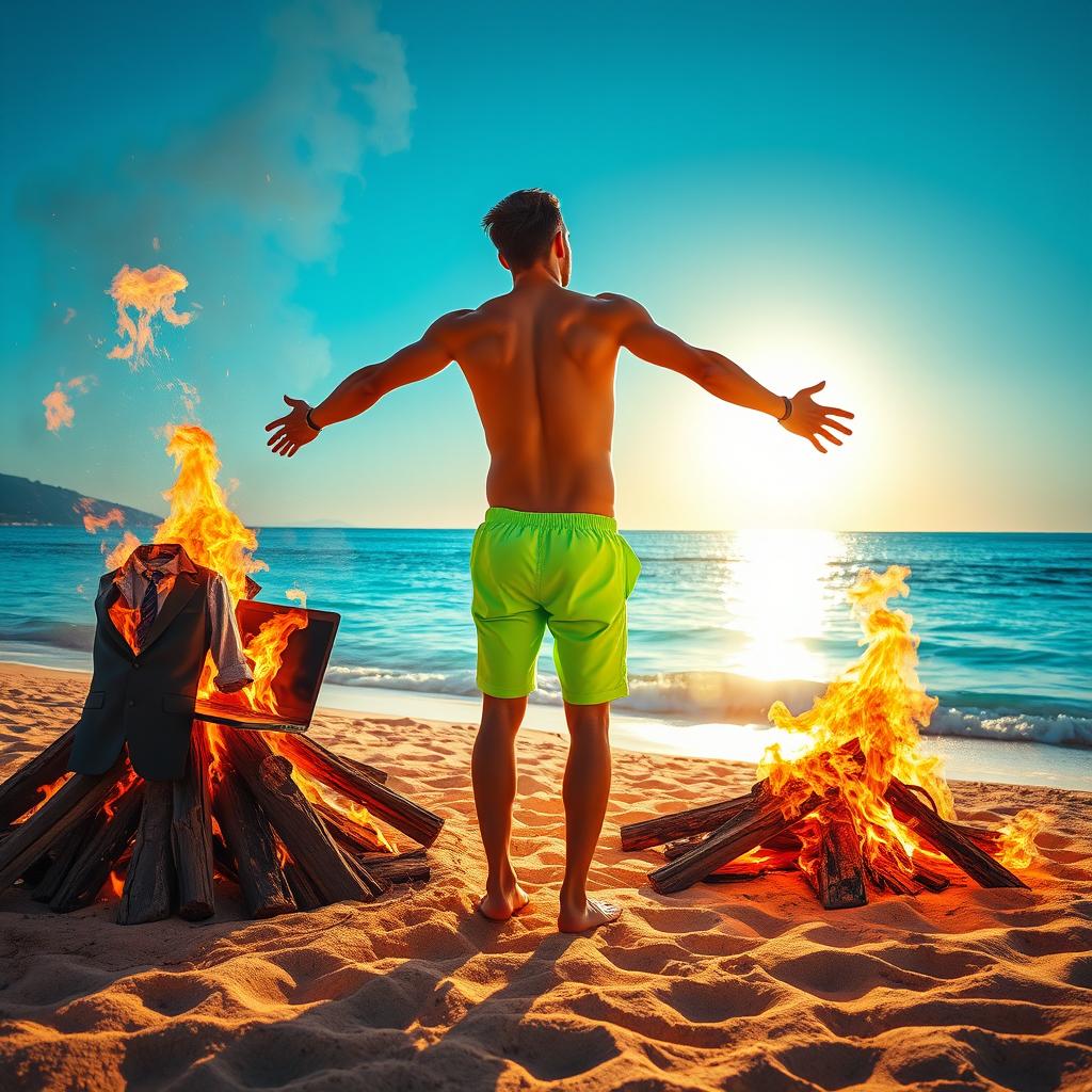 On the left side of the image, a big bonfire burns intensely on a Mediterranean beach, consuming a smashed laptop and a wrinkled curled up business suit with a white shirt and blue tie, creating a juxtaposition of destruction and warmth